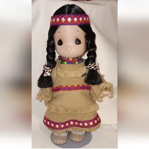 Precious Moments Native American Doll Black Hair Brown Cloth Dress With Stand